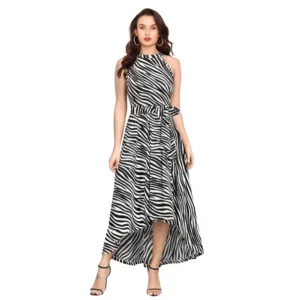 Women's Polyester Zebra Pattern Halter Neck Sleeveless Dress (White) - Image 6