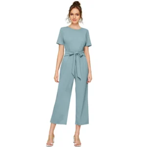 Women's Knitting stretchable Solid Round Neck Cap Sleeve Jumpsuit (Pista ) - Image 6