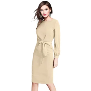 Women's Knitting stretchable Solid Round Neck Full Sleeve Dress (Beige ) - Image 4