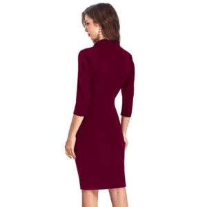 Women's Knitting stretchable Solid Round Neck 3-4th Dress (Maroon) - Image 5