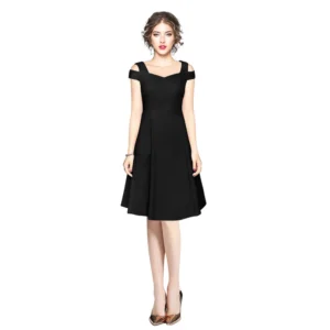Women's Polyester Solid V Neck Cap Sleeve off Shoulder Dress (Black) - Image 6
