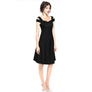 Women's Polyester Solid V Neck Cap Sleeve off Shoulder Dress (Black) - Image 4