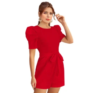 Women's Knitting stretchable Solid Round Neck 3-4 Puff Sleeve Dress (Red ) - Image 4