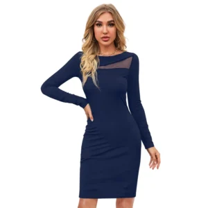 Women's Knitting stretchable Solid Round Neck Full Sleeve Dress (Blue ) - Image 6