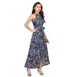 Women's Polyester Printed Halter Neck Sleeveless Dress (Blue) - Image 4