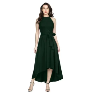 Women's Polyster Solid Halter Neck Sleeveless Dress (Green) - Image 6