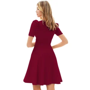 Women's Knitting stretchable Solid V Neck Cap Sleeve Dress (Maroon) - Image 5