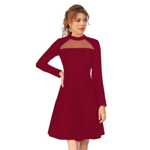 Women's Knitting stretchable Solid Round Neck Full Sleeve Dress (Maroon) - Image 6