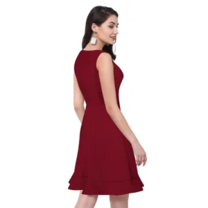 Women's Polyester Solid Round Neck Sleeveless Dress (Maroon) - Image 5