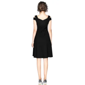 Women's Polyester Solid V Neck Cap Sleeve off Shoulder Dress (Black) - Image 5