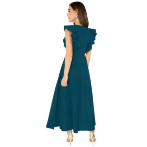 Women's Knitting stretchable Solid Round Neck Ruffled Sleeve Dress (Morpich) - Image 5