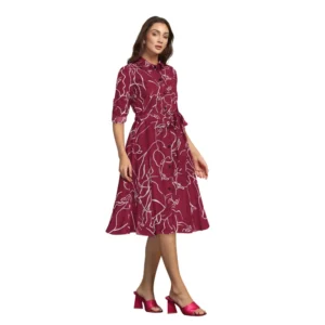 Generic Women's Ruby Cotton Printed Shirt Collar 3-4th Sleeve Dress (Maroon) - Image 4