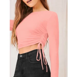 Women's Polyester Solid Round Neck Full Sleeve Top (Peach) - Image 2