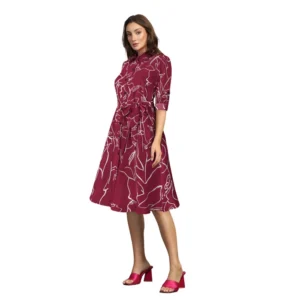 Generic Women's Ruby Cotton Printed Shirt Collar 3-4th Sleeve Dress (Maroon) - Image 2