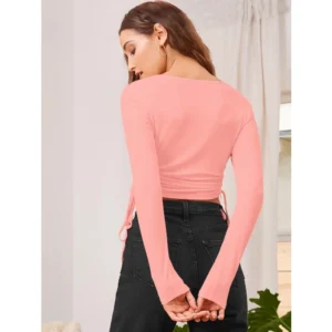 Women's Polyester Solid Round Neck Full Sleeve Top (Peach) - Image 5