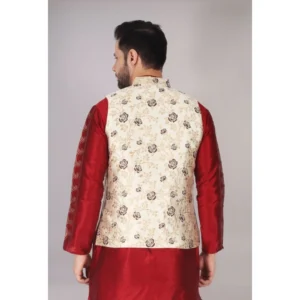 Men's Jacquard Self-Design Sleeveless Mandarin Neck Waistcoat (Cream) - Image 5