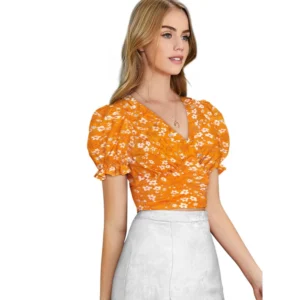 Generic Women's Knitting Printed V-Neck Puff Sleeve Tops (Yellow) - Image 6