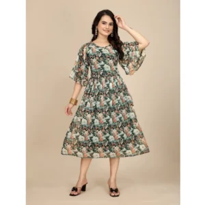 Generic Women's Georgette Printed Round Neck Short Sleeve Dress (Black) - Image 4