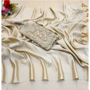 Women's Satin Solid Saree With Unstitched Blouse (Yellow, 5-5 Mtrs) - Image 2