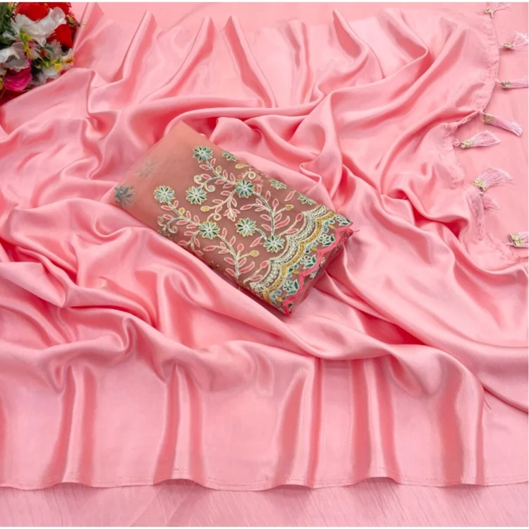 Women's Satin Solid Saree With Unstitched Blouse (Pink, 5-5 Mtrs)