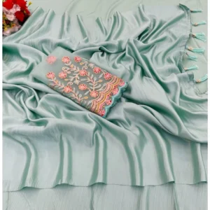 Women's Satin Solid Saree With Unstitched Blouse (Skyblue, 5-5 Mtrs) - Image 2