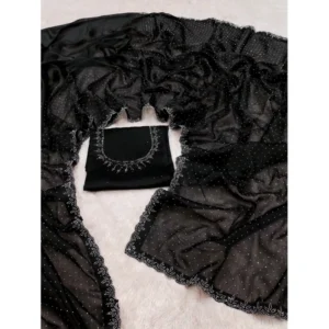 Women's Georgette Satin Silk Saree With Unstitched Blouse 5.5Mtr (Black) - Image 2
