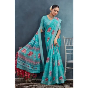 Women's Linen Floral Printed Saree With Unstitched Blouse 5.5Mtr (Aqua) - Image 3