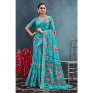 Women's Linen Floral Printed Saree With Unstitched Blouse 5.5Mtr (Aqua) - Image 4