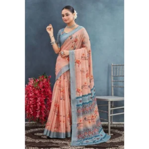 Women's Linen Floral Printed Saree With Unstitched Blouse 5.5Mtr (Orange) - Image 2