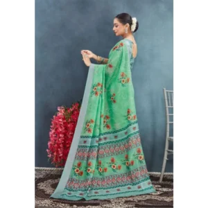 Women's Linen Floral Printed Saree With Unstitched Blouse 5.5Mtr (Green) - Image 3