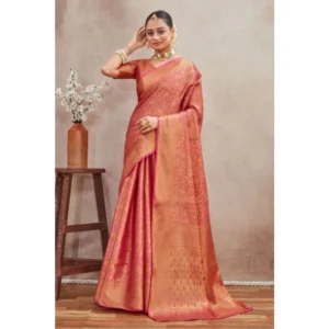 Women's Silk Blend Floral Printed Saree With Unstitched Blouse 5.5Mtr (Peach) - Image 4