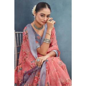 Women's Linen Floral Printed Saree With Unstitched Blouse 5.5Mtr (Peach) - Image 2