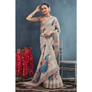Women's Linen Floral Printed Saree With Unstitched Blouse 5.5Mtr (Beige) - Image 3