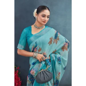Women's Linen Floral Printed Saree With Unstitched Blouse 5.5Mtr (Aqua) - Image 3