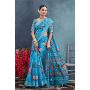 Women's Linen Floral Printed Saree With Unstitched Blouse 5.5Mtr (Blue) - Image 3