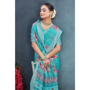 Women's Linen Floral Printed Saree With Unstitched Blouse 5.5Mtr (Aqua) - Image 2