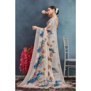 Women's Linen Floral Printed Saree With Unstitched Blouse 5.5Mtr (Beige) - Image 4