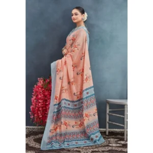 Women's Linen Floral Printed Saree With Unstitched Blouse 5.5Mtr (Orange) - Image 4
