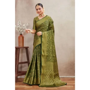 Women's Silk Blend Floral Printed Saree With Unstitched Blouse 5.5Mtr (Green) - Image 4