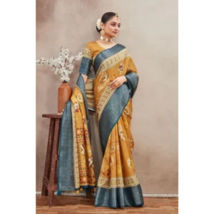 Women's Crepe Silk Printed Saree With Unstitched Blouse 5.5Mtr (Mustard) - Image 3