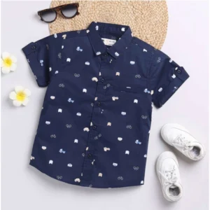Boy's Cotton Blend Printed Short Sleeve Shirt and Shorts Set (Navy Blue) - Image 3
