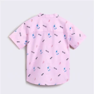 Boy's Cotton Blend Printed Short Sleeve Shirt and Shorts Set (Pink) - Image 3