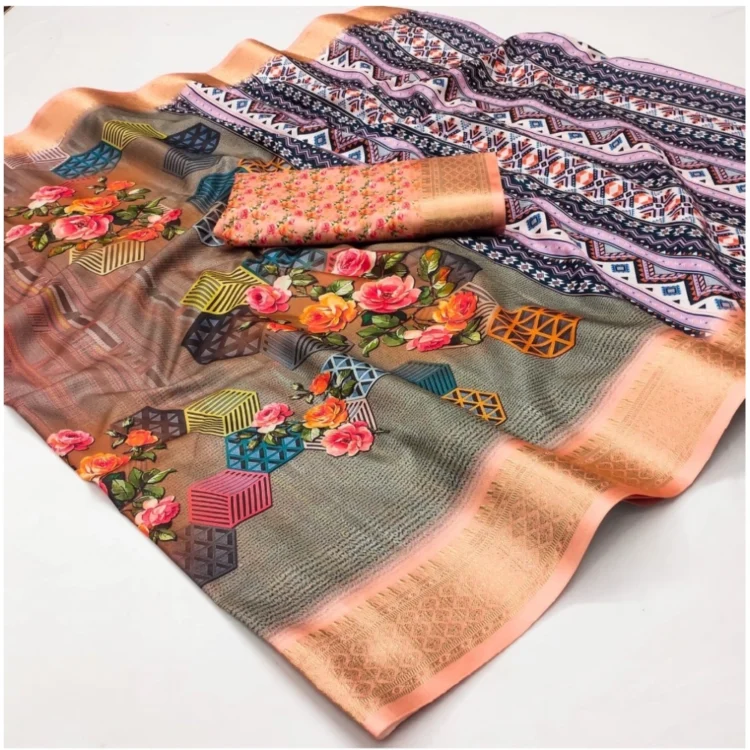 Women's Cotton Silk Printed Saree With Unstitched Blouse 5.5Mtr (Multicolor)