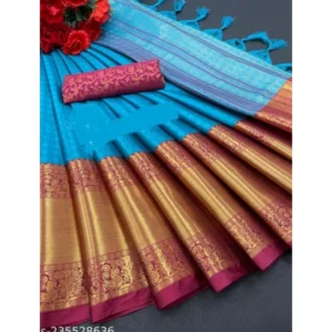 Women's Cotton Silk Woven Design Saree With Unstitched Blouse 5.5Mtr (Blue) - Image 2