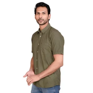 Men's Casual Cotton Half Sleeve Solid Shirt (Green) - Image 3