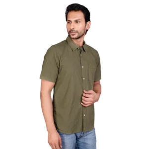 Men's Casual Cotton Half Sleeve Solid Shirt (Green) - Image 4