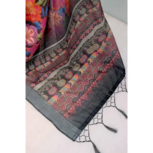 Women's Linen Digital Print Saree With Unstitched Blouse 5.5Mtr (Grey) - Image 2