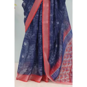 Women's Linen Digital Print Saree With Unstitched Blouse 5.5Mtr (Blue) - Image 3