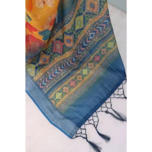 Women's Linen Digital Print Saree With Unstitched Blouse 5.5Mtr (Yellow) - Image 2