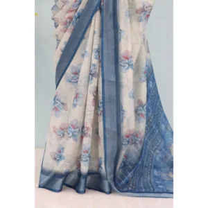 Women's Linen Digital Print Saree With Unstitched Blouse 5.5Mtr (Blue) - Image 4